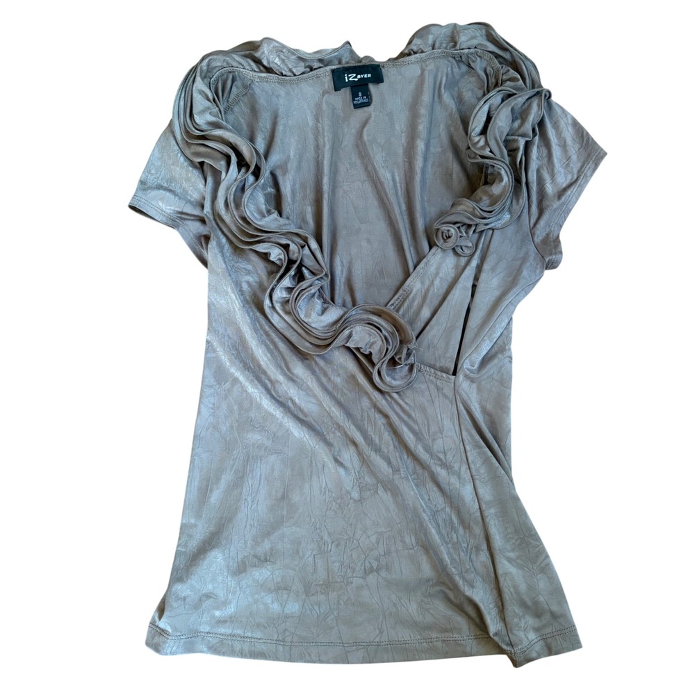 Y2K Taupe Waterfall Ruffle Faux Wrap Top Metallic Small Ruched Glam Romantic - Picture 4 of 7